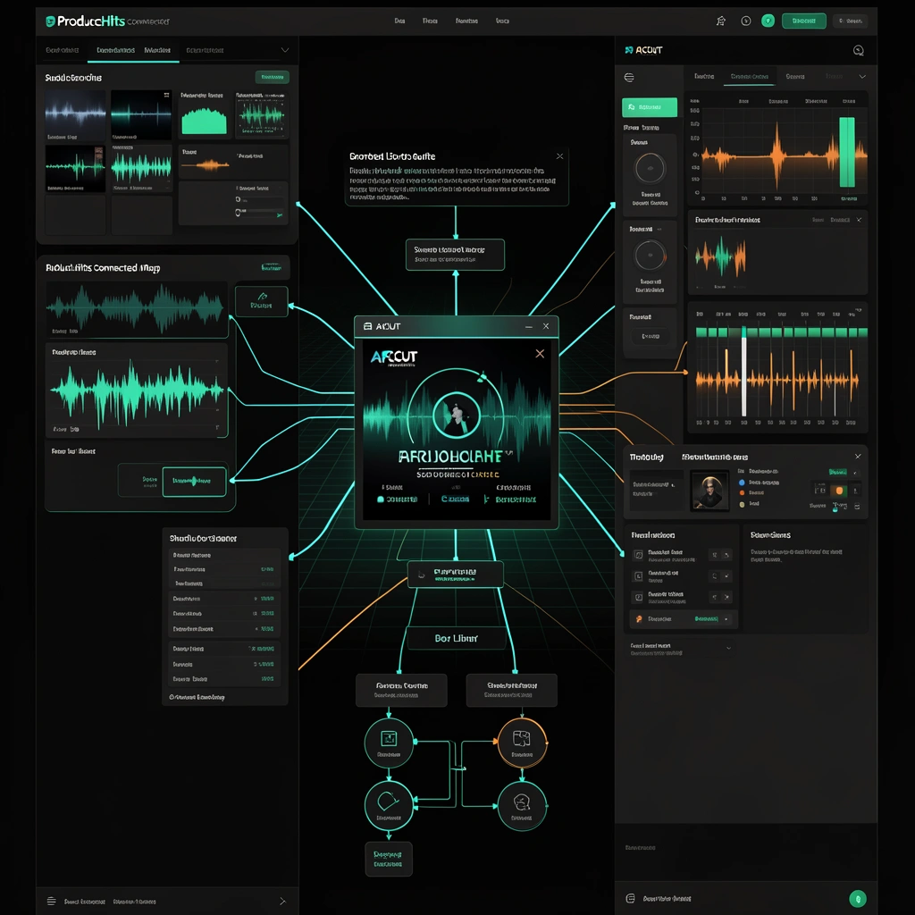 ProduceHits product ecosystem map showing one source audio file branching into shared music workflows